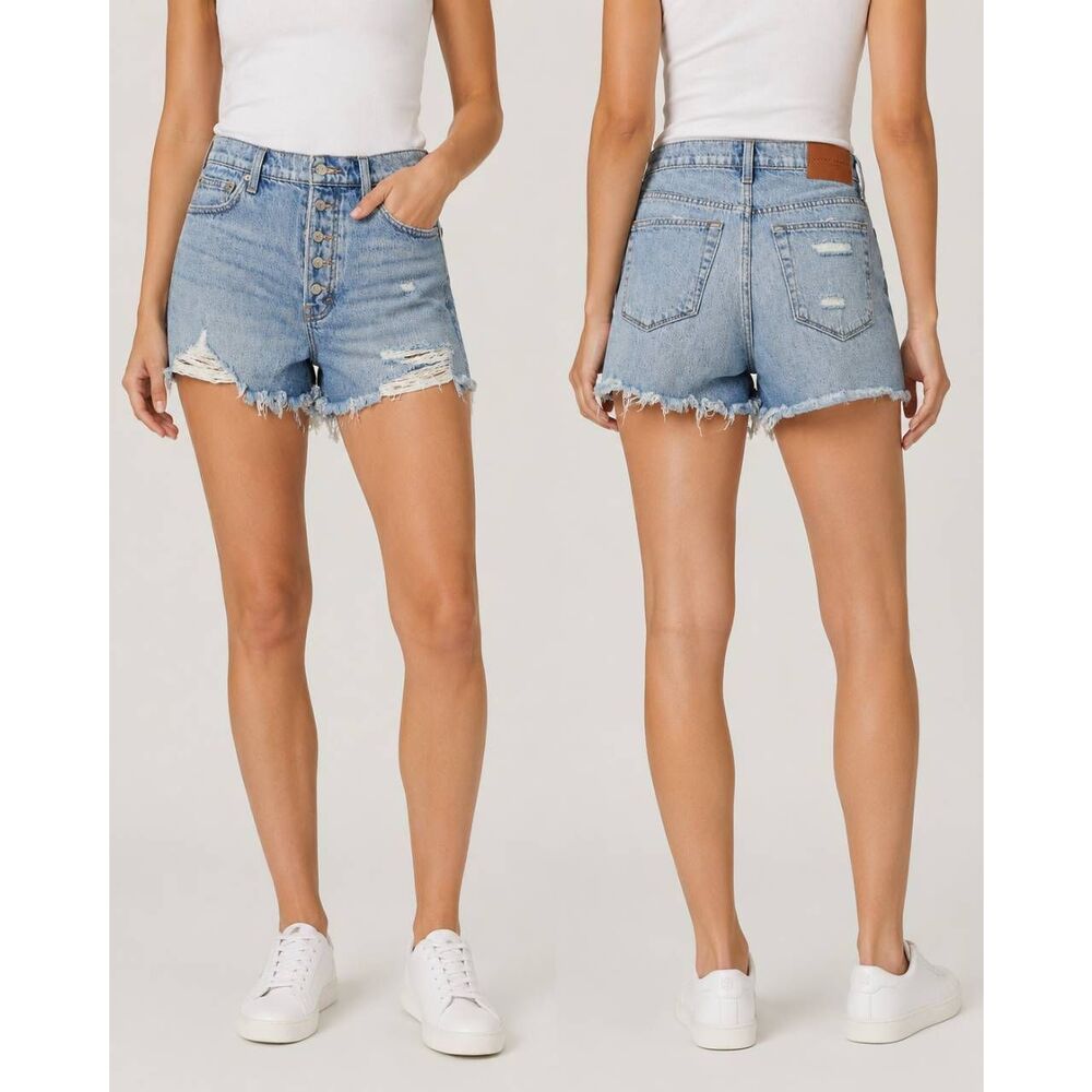 Lucky Brand Mom High Rise Denim Shorts Women’s 6/28 Light Wash Distressed Button